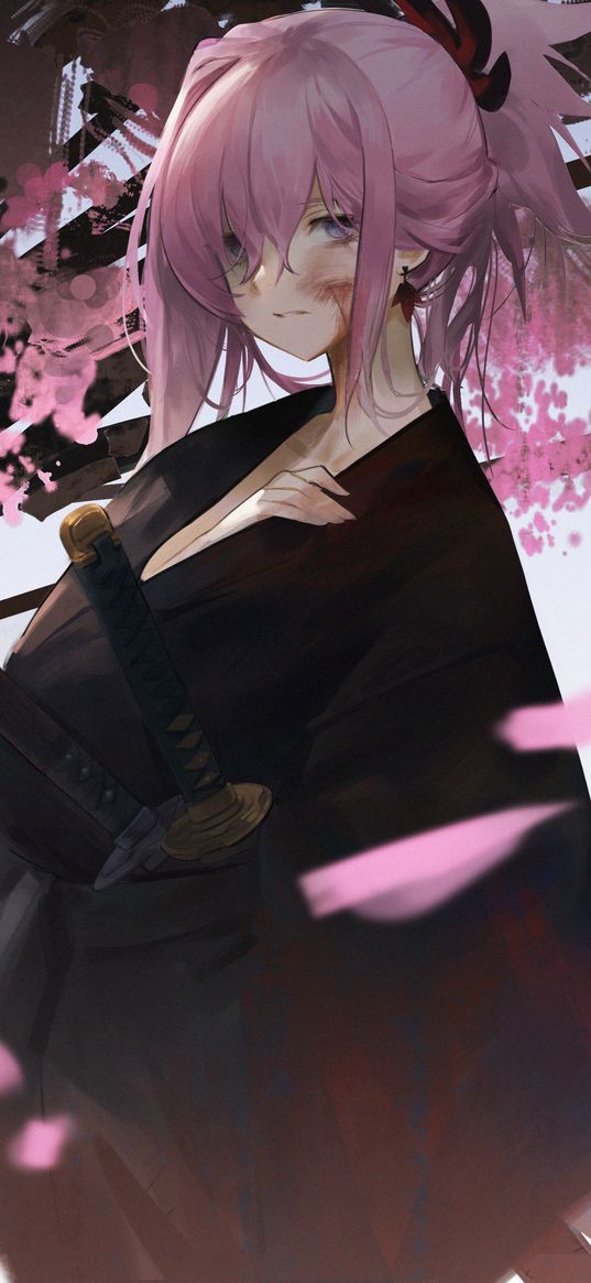 girl, samurai, katanas, kimono, beautiful, pink hair, sakura, petals, anime, art