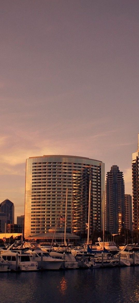 san - diego, usa, skyline, sunset, buildings, boats, dock, sea