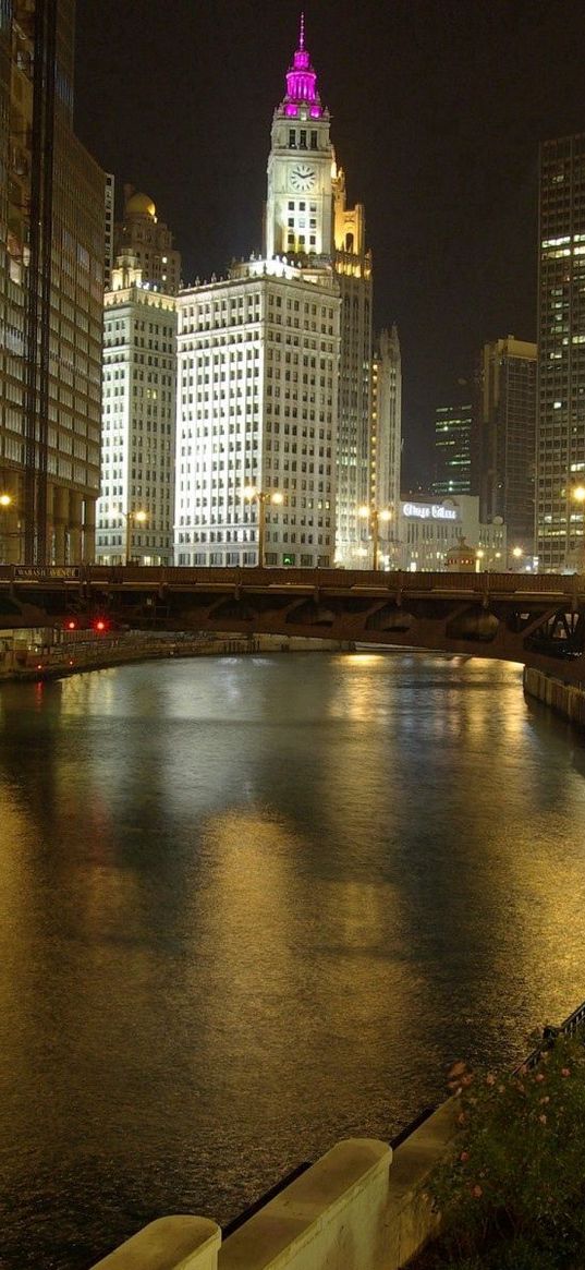 usa, illinois, chicago, city, street, night, river, bridge