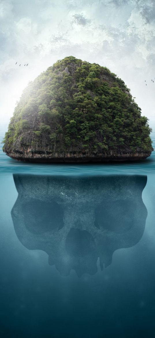 skull, island, trees, sea, depth, birds, clouds, sky, art