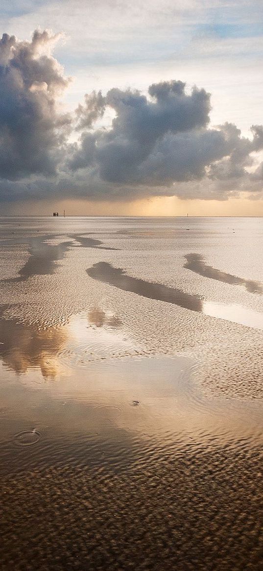 sea, tide, pools, sand, clouds, sky, evening