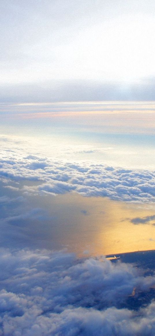 sky, altitude, clouds, airplane, wing, flying, soaring