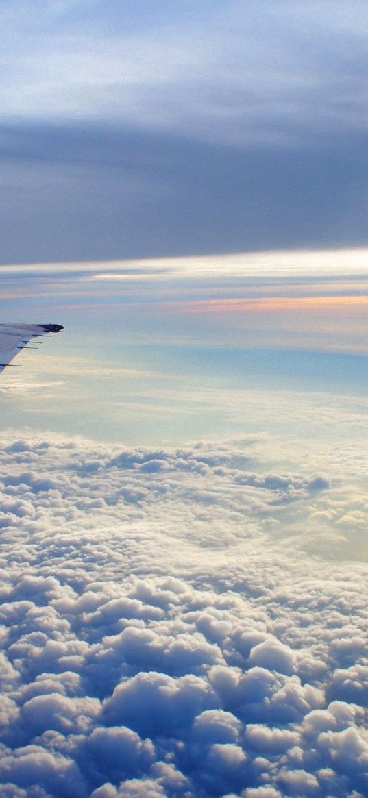 sky, altitude, clouds, airplane, wing, flying, soaring, earth