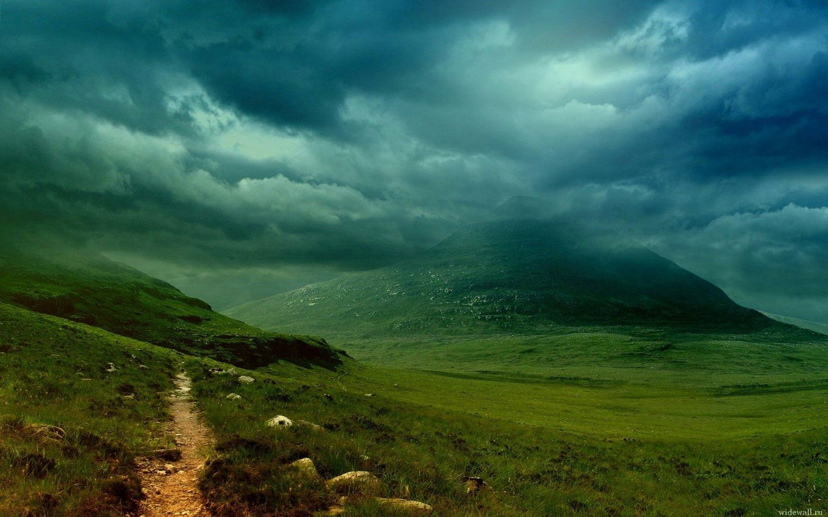 trail, mountain peak, clouds, grass, sky