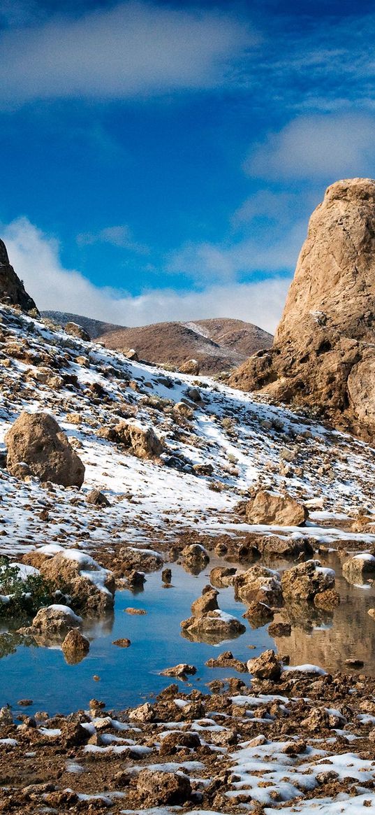 stones, empty, cold, snow, puddle