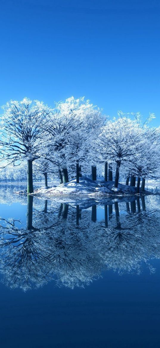 island, trees, frost, lake, frozen, cleanliness, surface