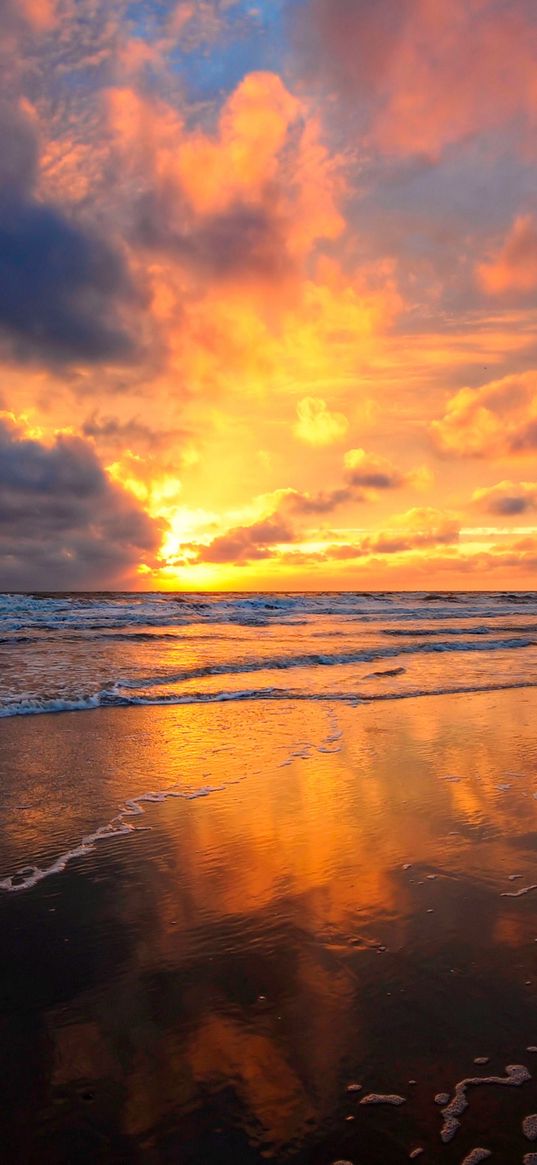 sunset, sky, sea, clouds, sand, wet, mirror, reflection