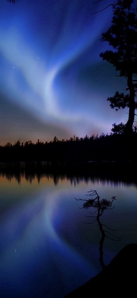 night sky, glow, light, lake, outlines