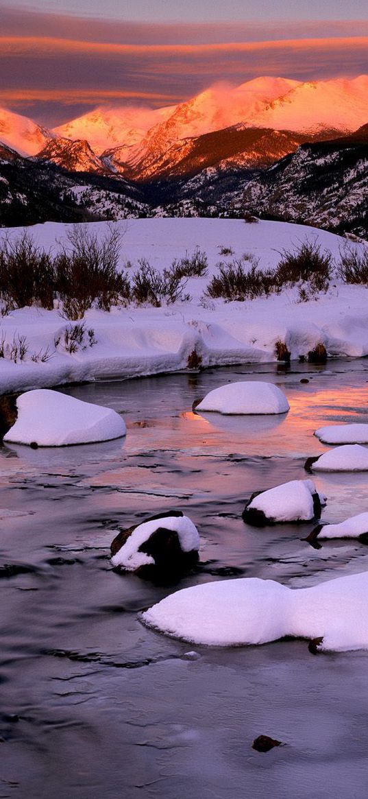 mountains, winter, morning, dawn