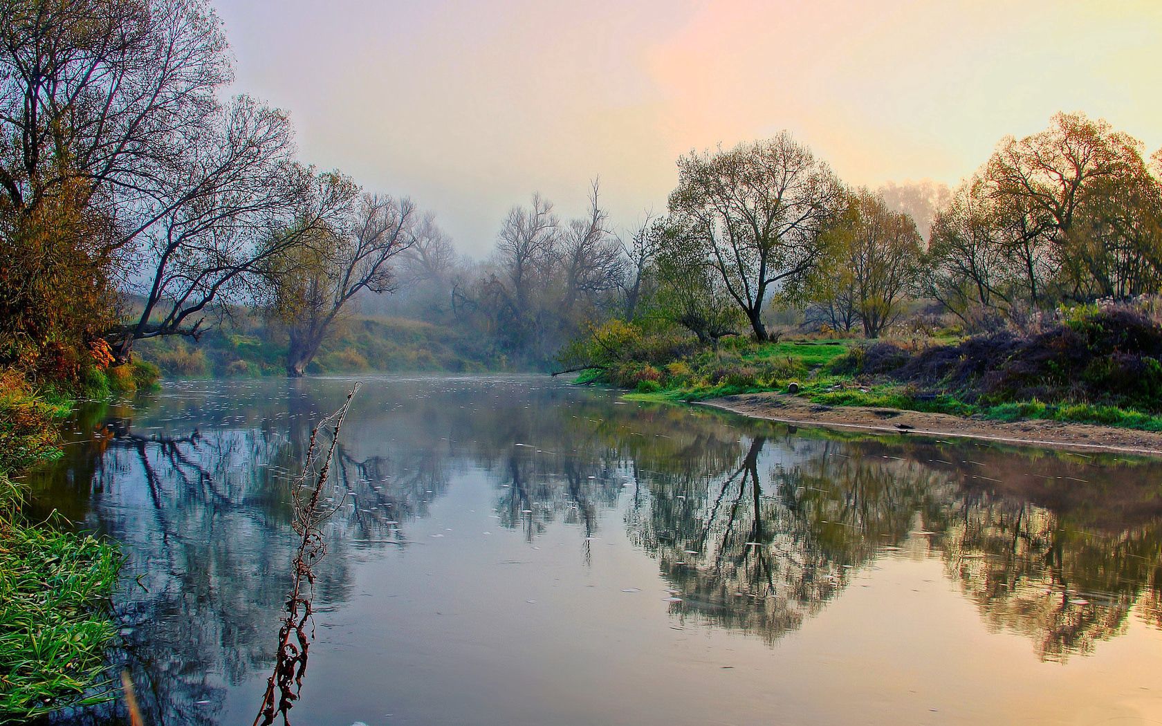 river, shore, trees, mist, morning, landscape, awakening