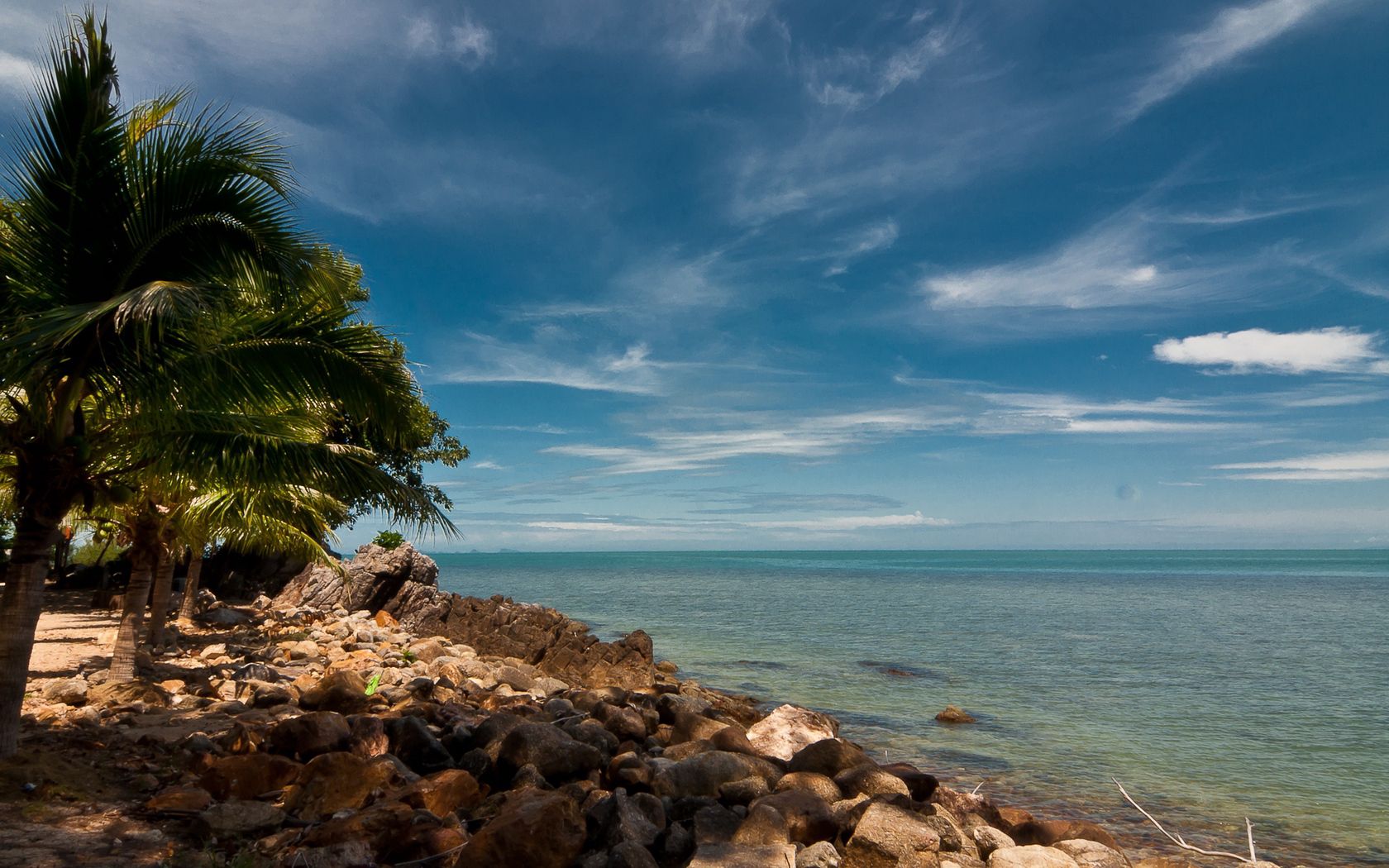 sky, beach, palm trees, rocks, landscape, day, thailand