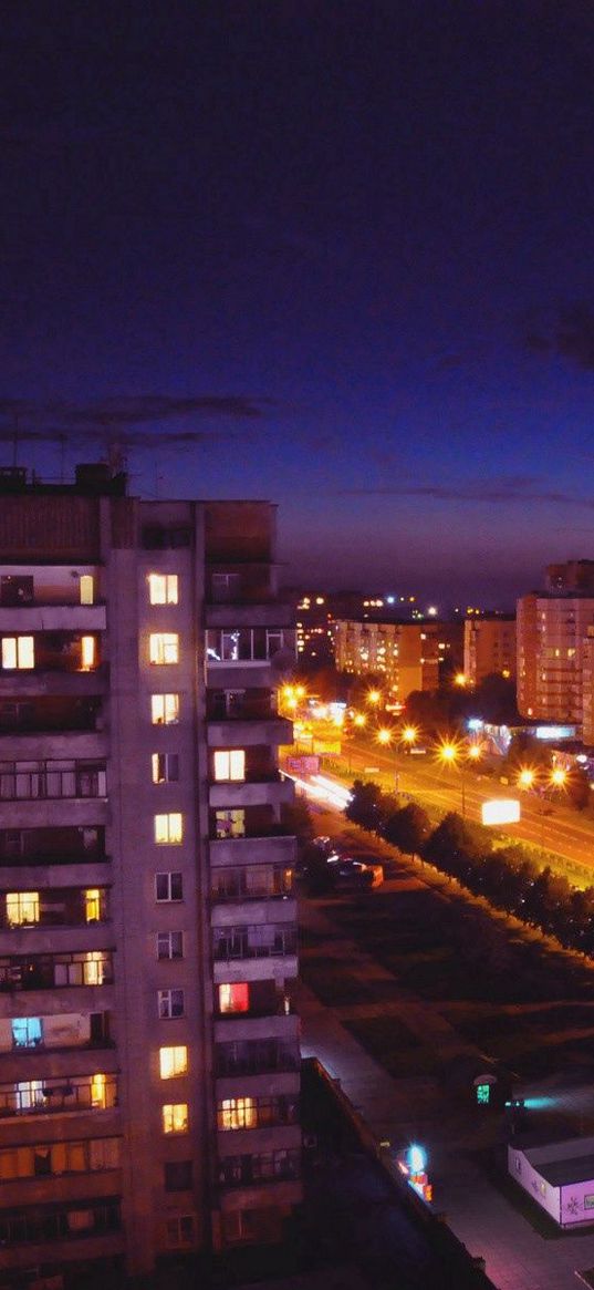 city, top view, city lights, night, light, road, building