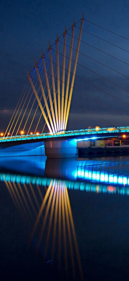 bridge, architecture, night, river, city lights