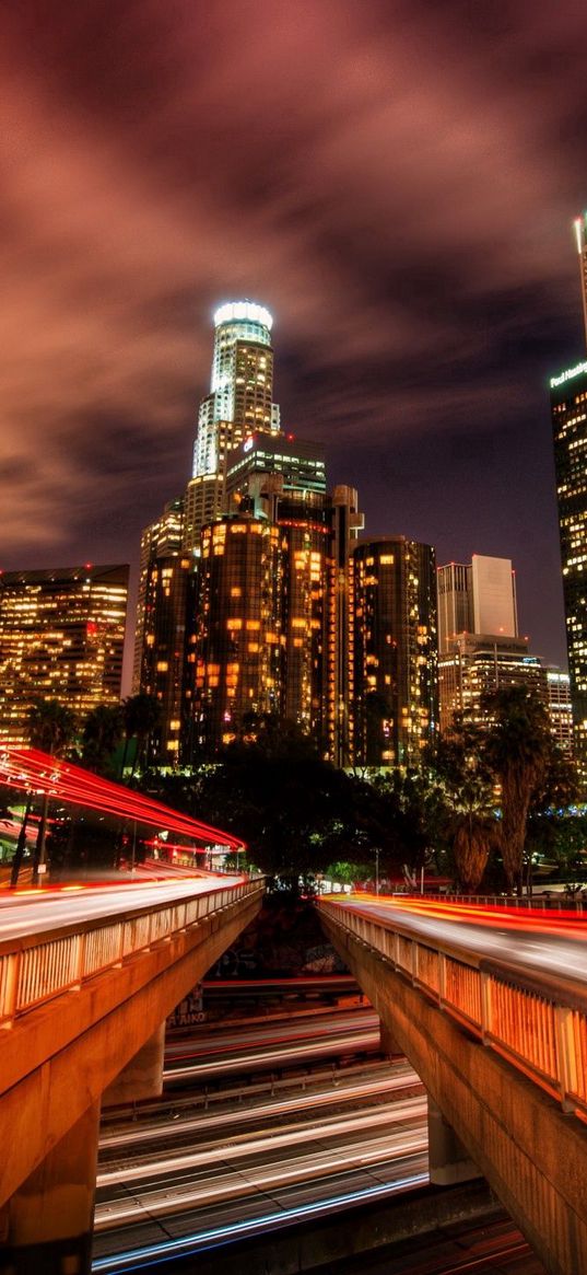 los angeles, traffic, city, night, speed, skyscrapers, hdr