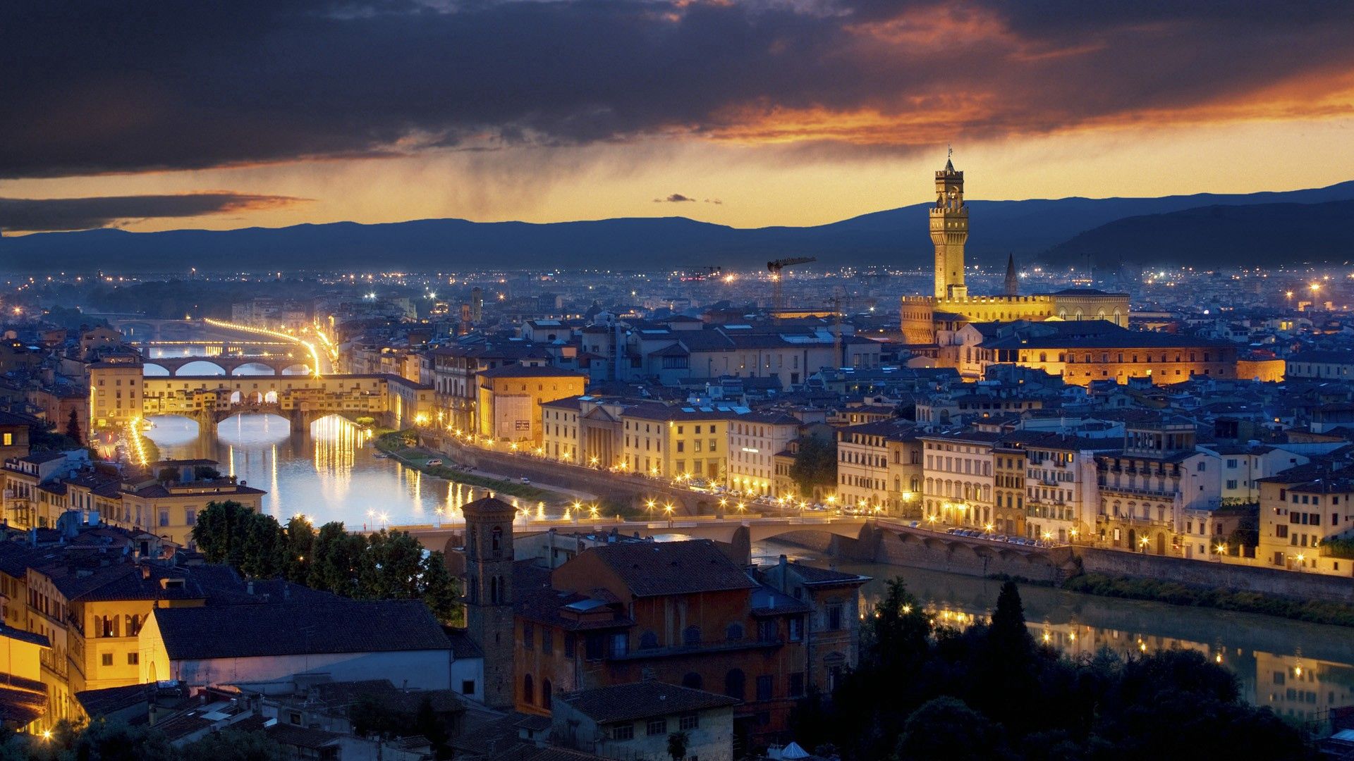 ponte vecchio, florence, italy, buildings, river, lights city