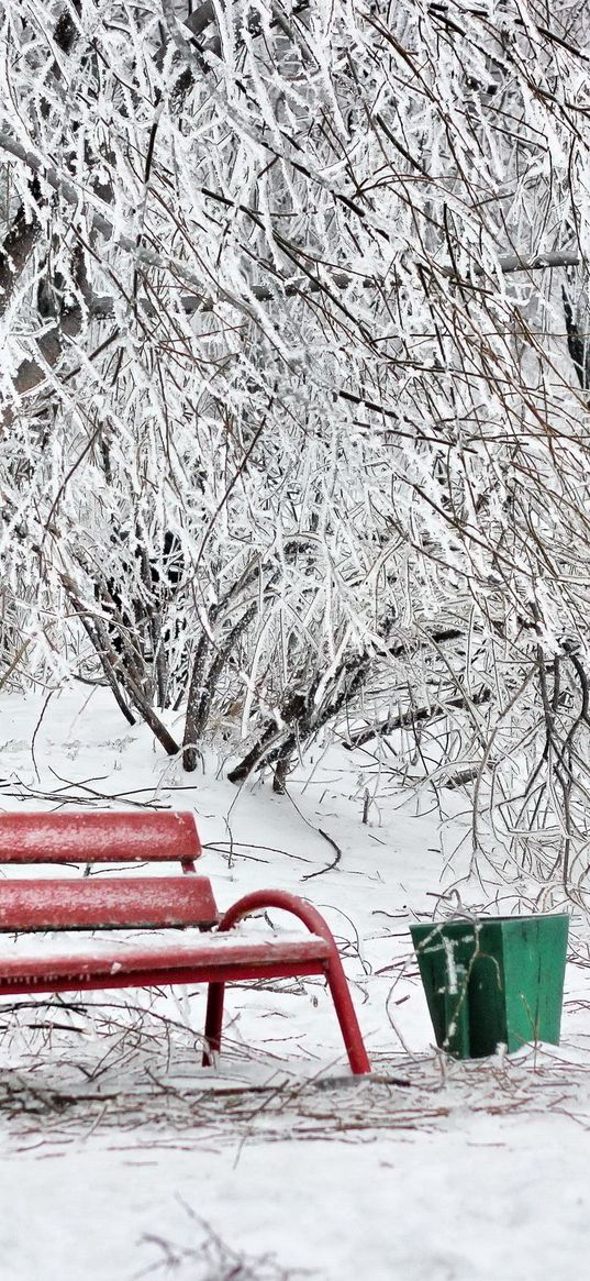 benches, winter, hoarfrost, snow, cold, ballot box, red