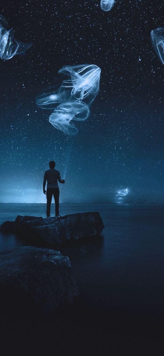 man, water, sky, stars, jellyfish, night