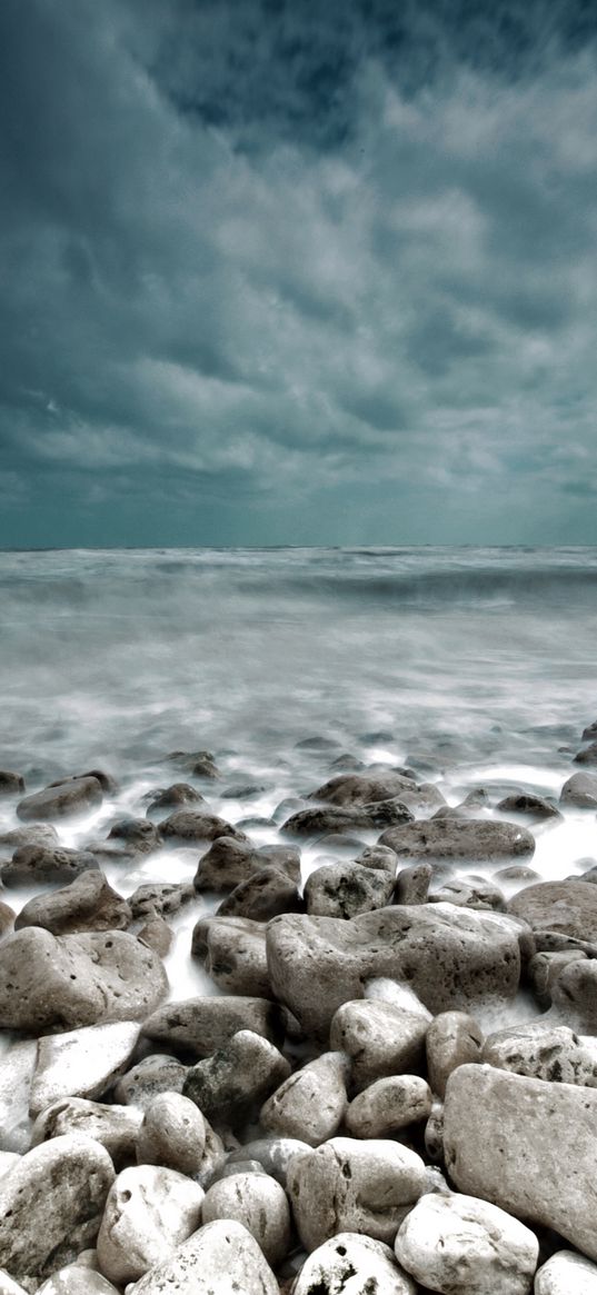 stones, sea, landscape, coast, gloomy