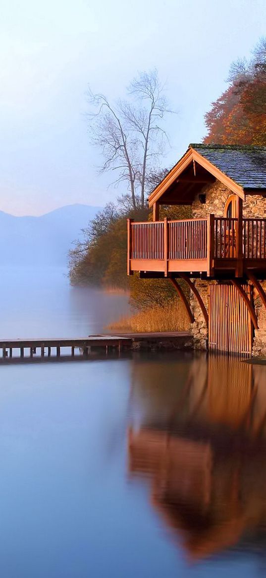 lake, lodge, mooring, pier, morning, light, lamps, coast