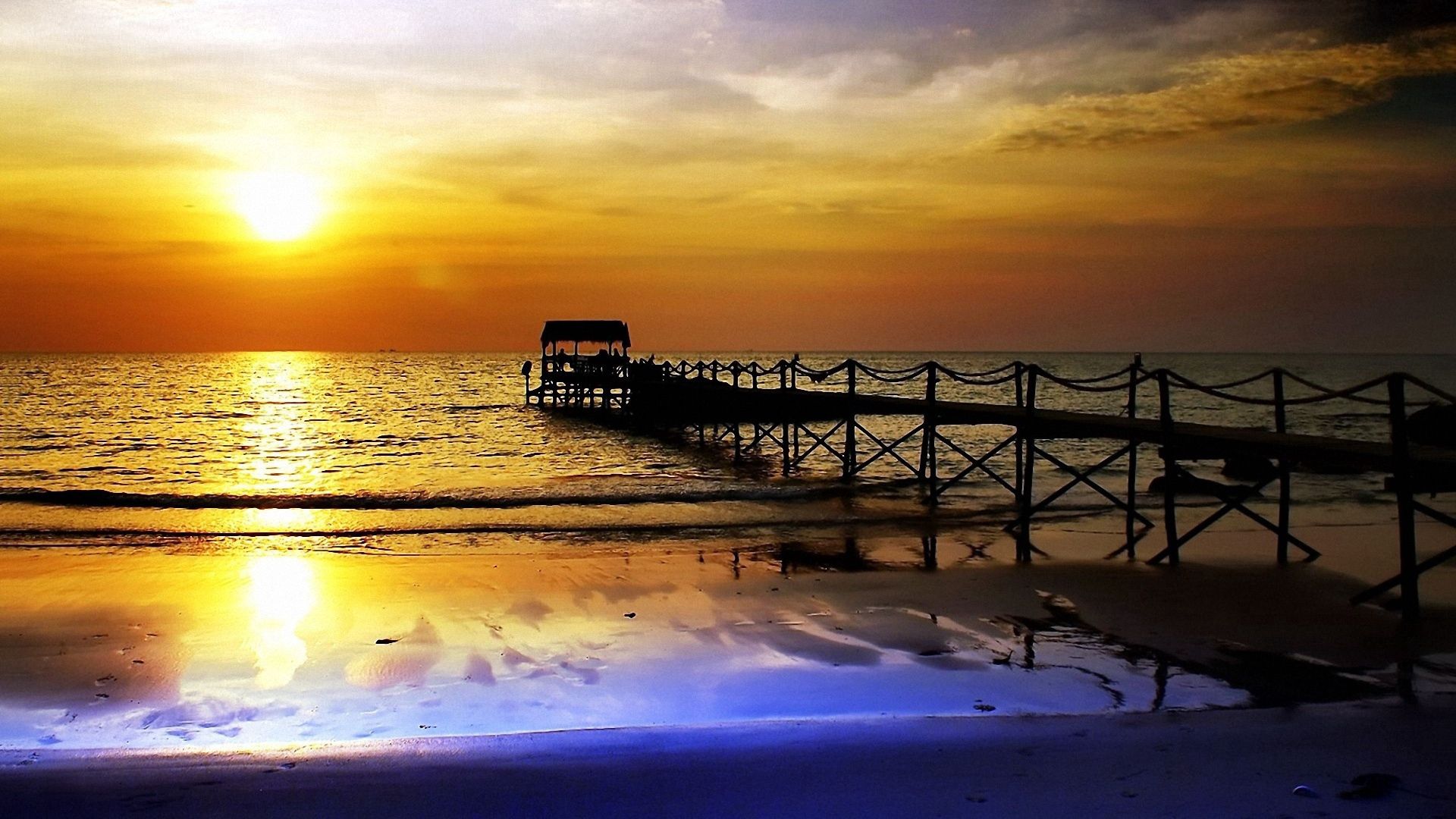 pier, decline, evening, sea, reflection, calm, orange, protection