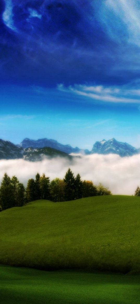 meadows, slopes, hills, balloon, heart, sky, clouds