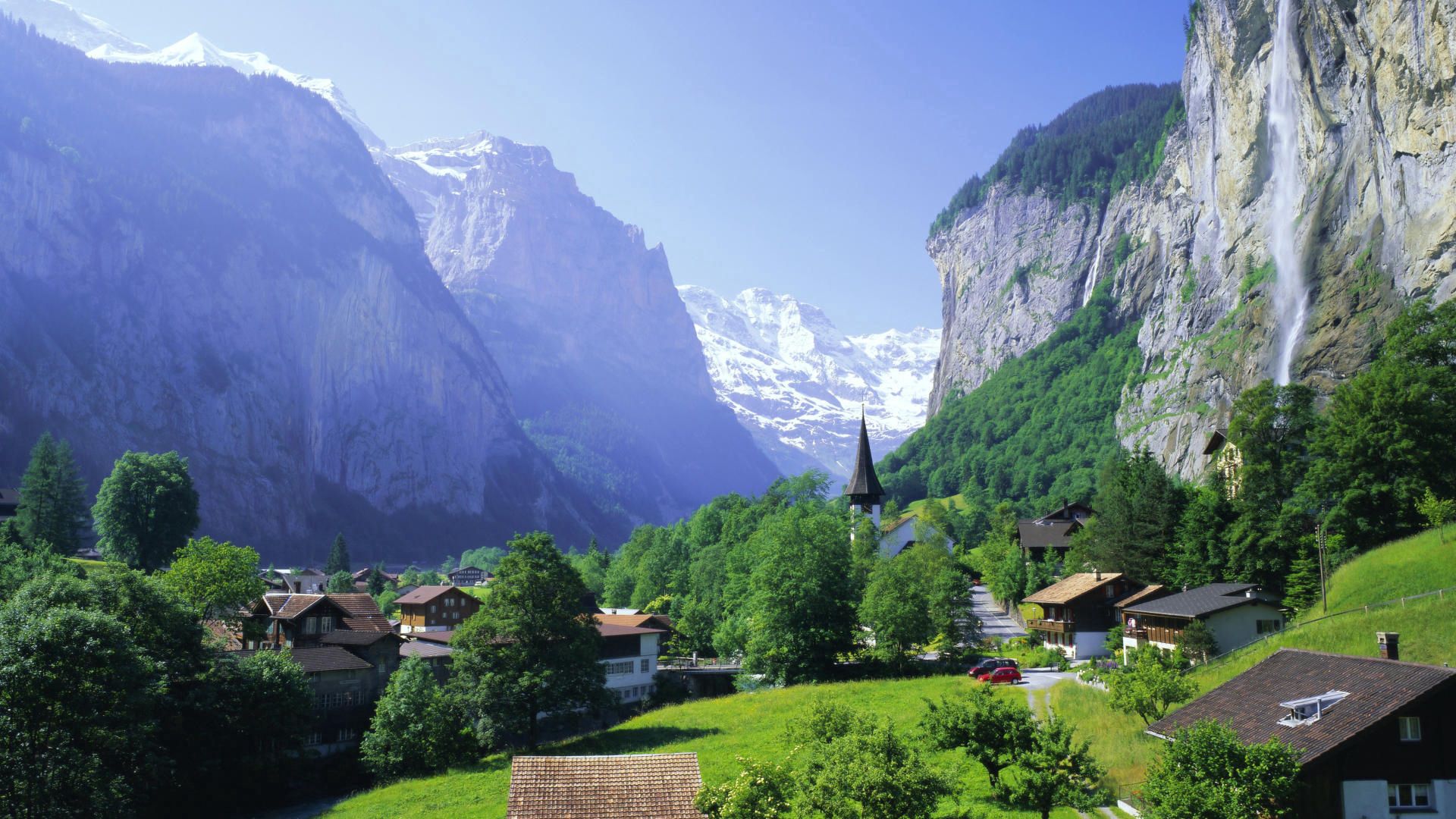 settlement, mountains, summer, greens, houses