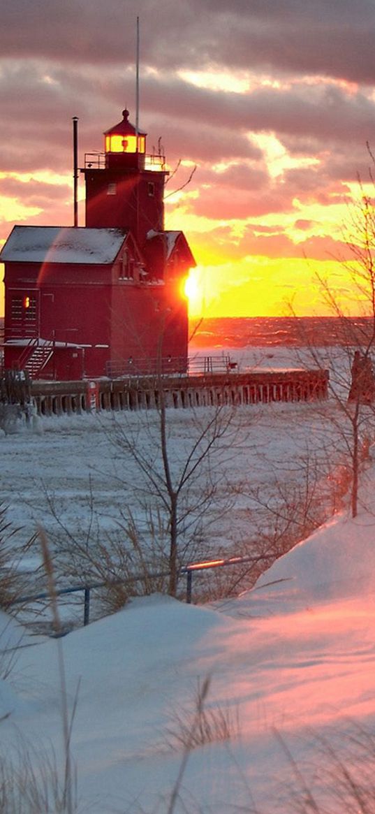 beacon, structure, sea, coast, sun, morning