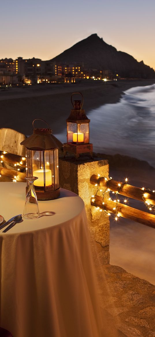 evening, table, dinner, restaurant, coast, look, fires, garland