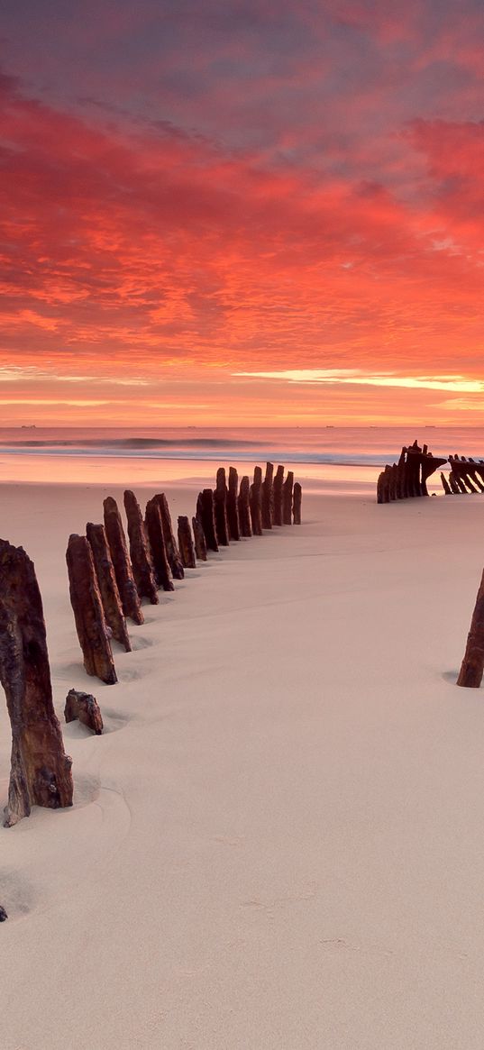 stakes, columns, sand, beach, outflow, evening, silence