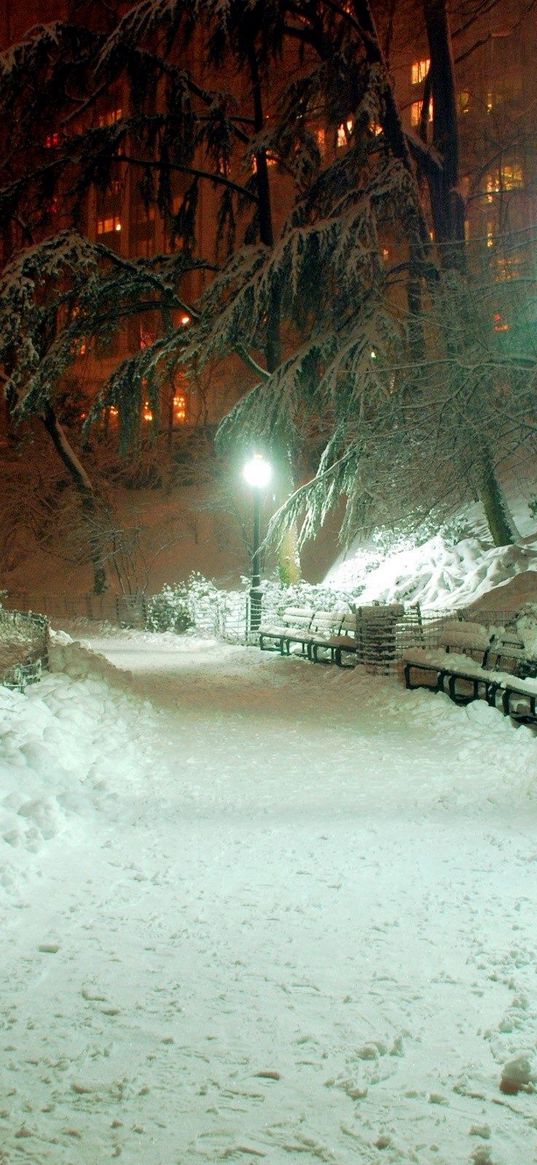 park, light, lamp, winter, snowdrifts, january