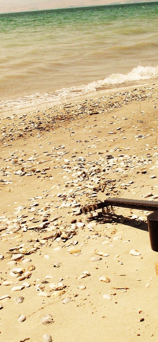 guitar, beach, coast, sand, stones, romanticism