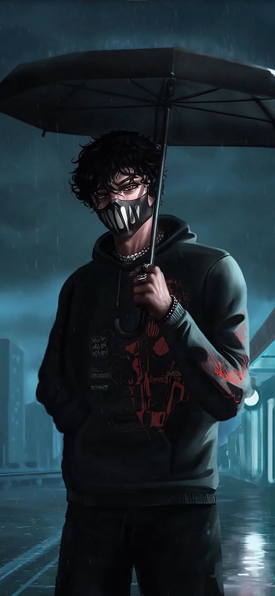 guy, lonely, mask, umbrella, street, rain, anime, art