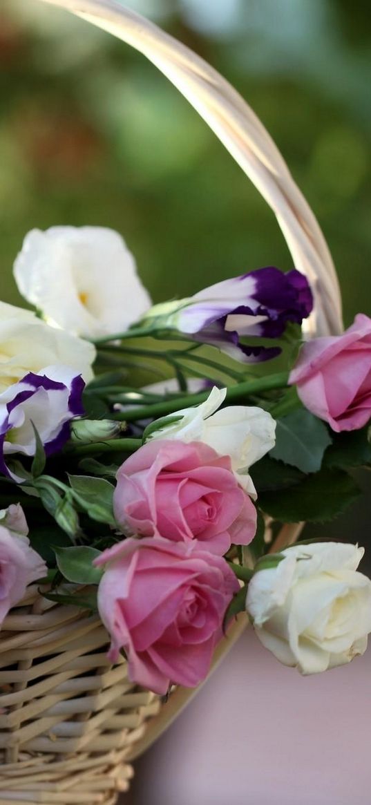 roses, lisianthus russell, flowers, basket, blurring