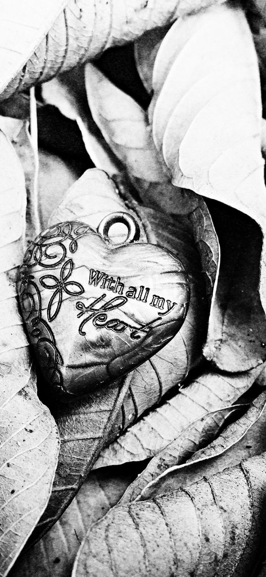 pendant, heart, text, with all my heart, love, leaves, dry, black and white