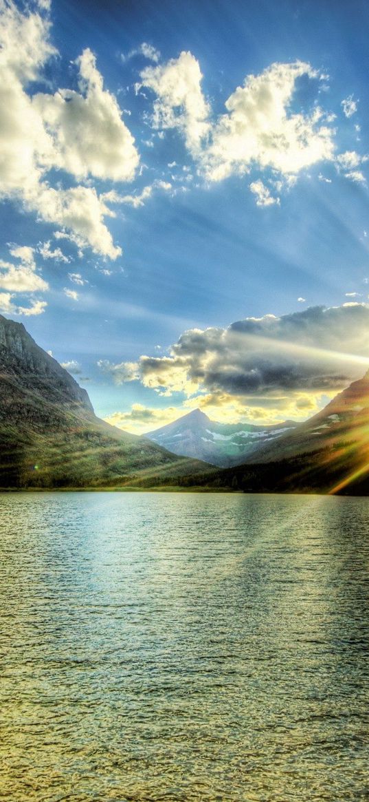 sun, light, beams, lake, evening, decline, ripples, mountains, peaks