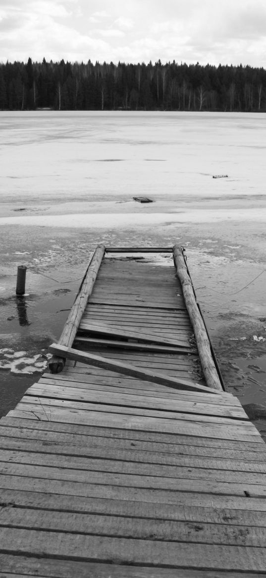 ice, bridge, boards, break, cold, pier, lake, black-and-white