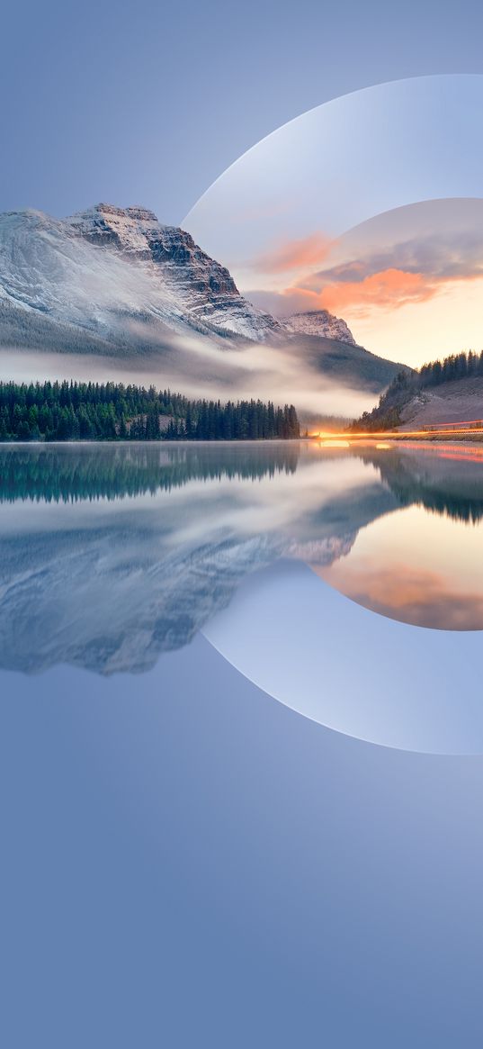 lake, forest, mountain, reflection, circle, sunset, clouds, sky, nature, art