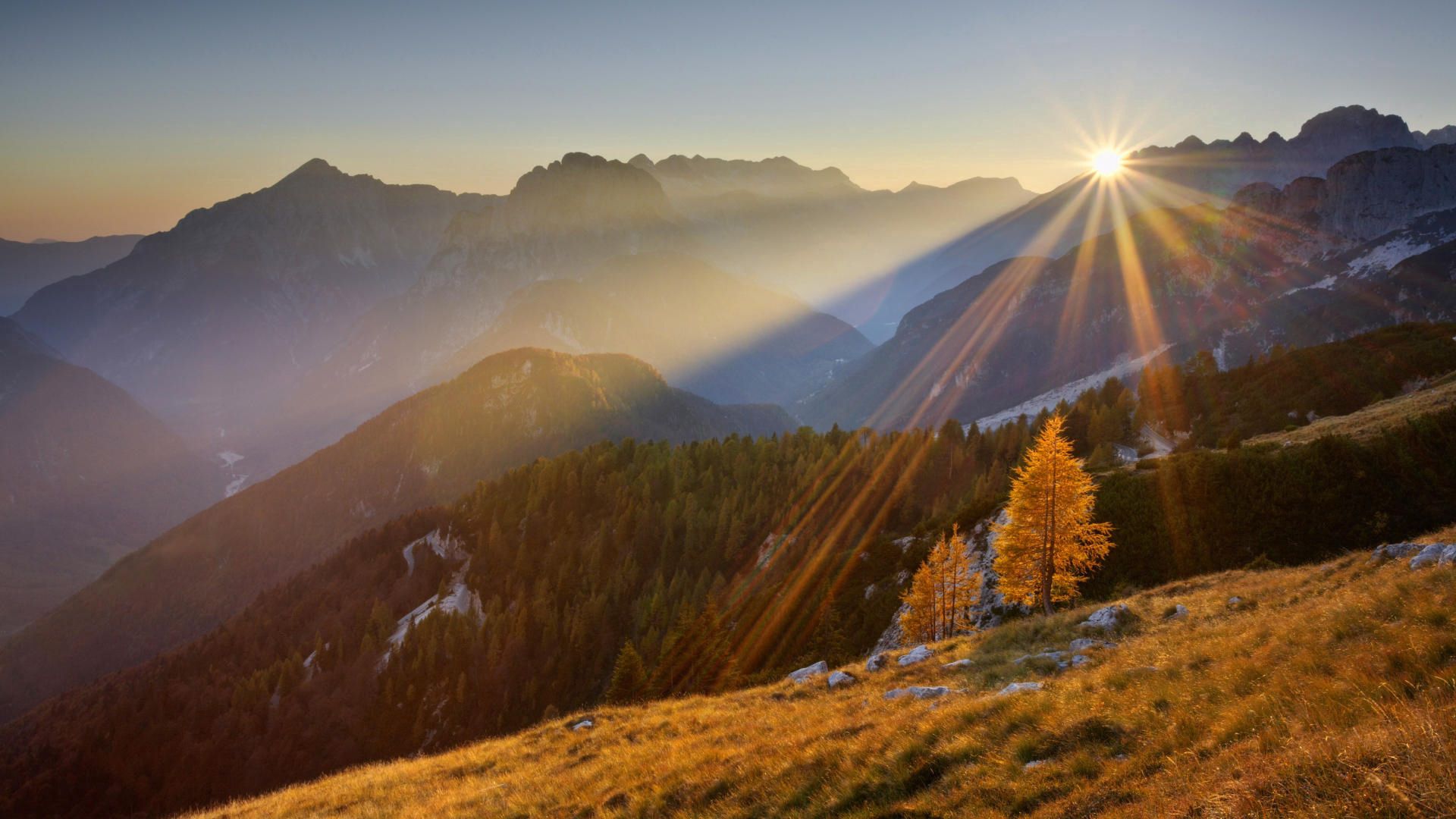 sun, beams, light, mountains, autumn