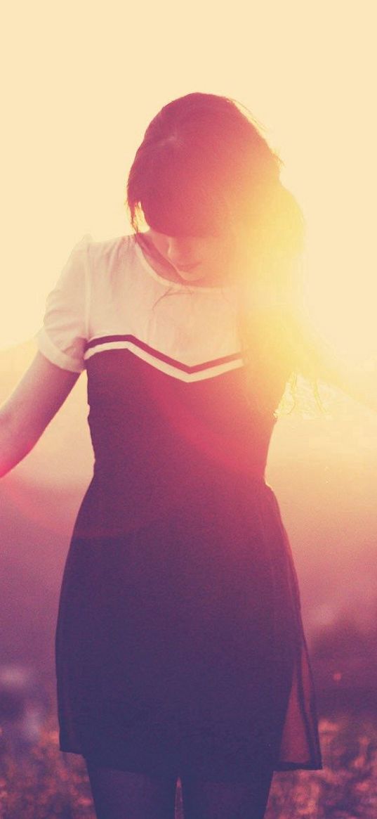 brunette, field, sun, glare, dress, light