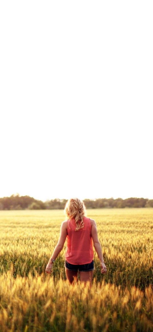 blonde, field, grass, walking, sunshine