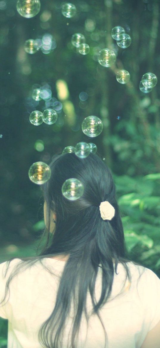 brunette, back, arm, bubbles, nature, background