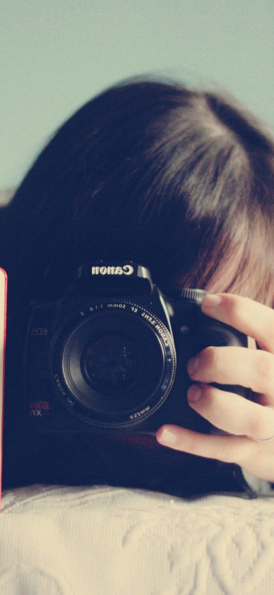 brunette, notebook, camera, lying, mood