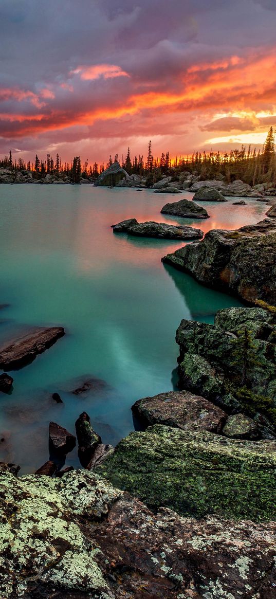 sunset, sunrise, lake, rocks, nature