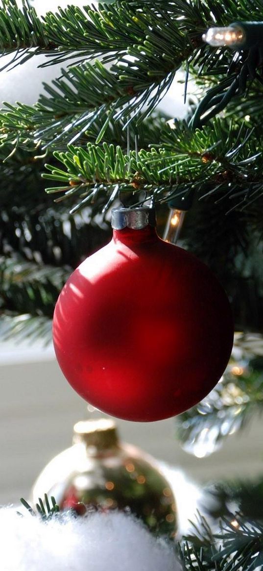 christmas decorations, ball, needle, branch, close-up