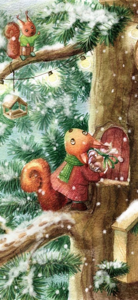 christmas, new year, christmas tree, squirrel, garland, retro, art