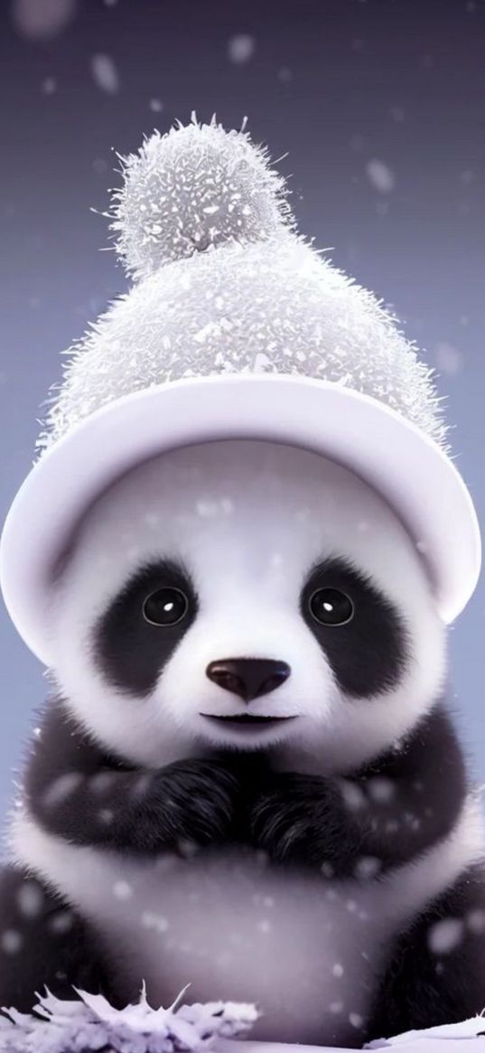 christmas, new year, panda, hat, snow, art