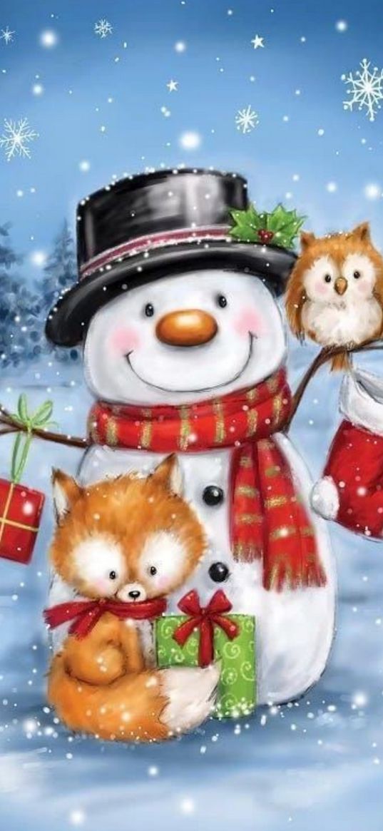 christmas, new year, snowman, bald, owl, gifts, snow, art