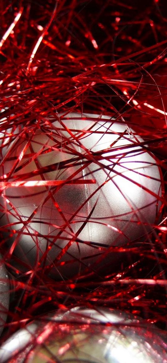 christmas toys, balls, tinsel, close-up