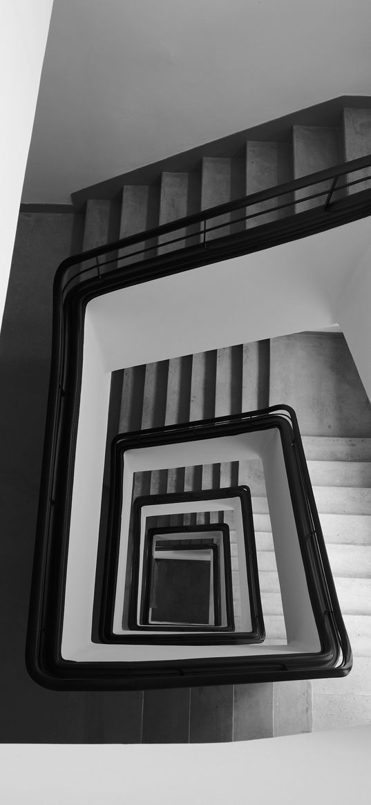 staircase, spiral, aerial view, black and white