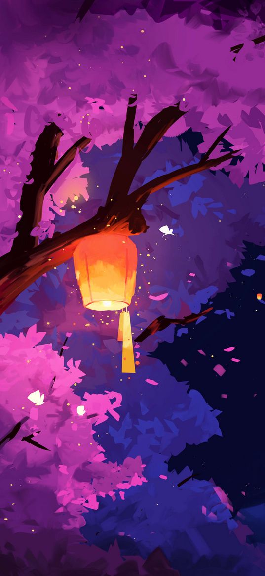 tree, lantern, fantasy, purple, art